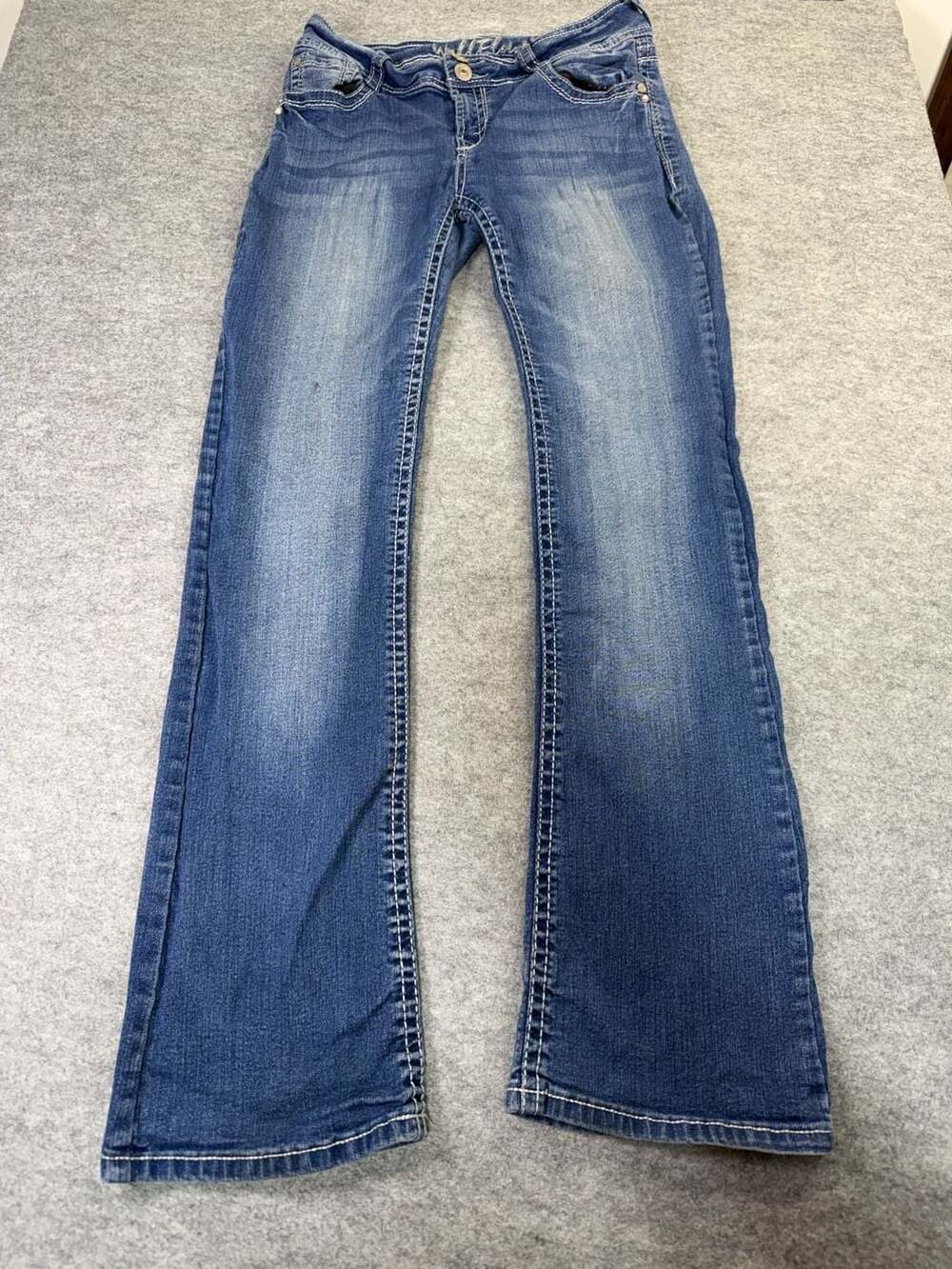 WallFlower Jeans Size 7 Blue Denim Bootcut Thick Stitch Embellished